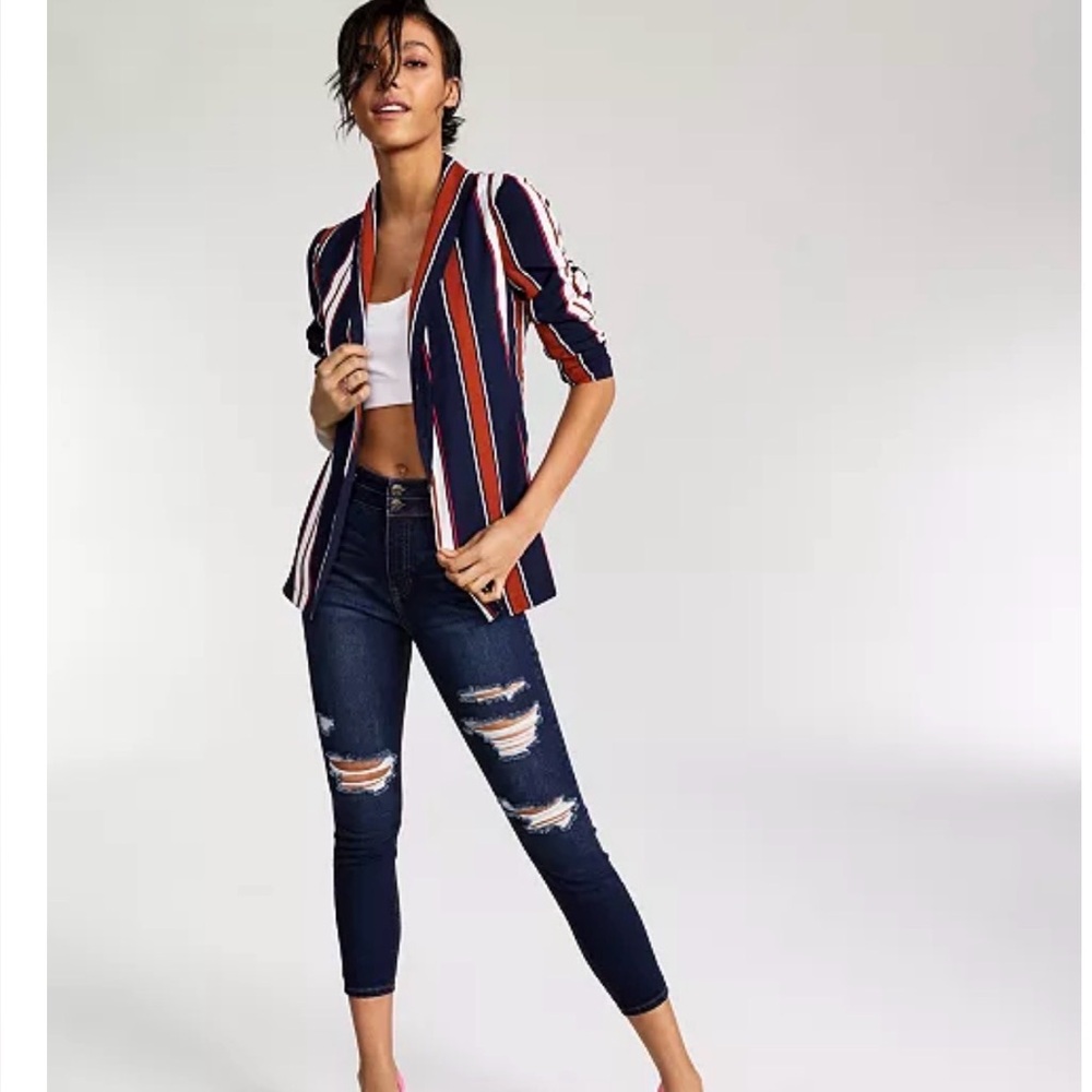 Bar III Navy Striped Blazer Size: L